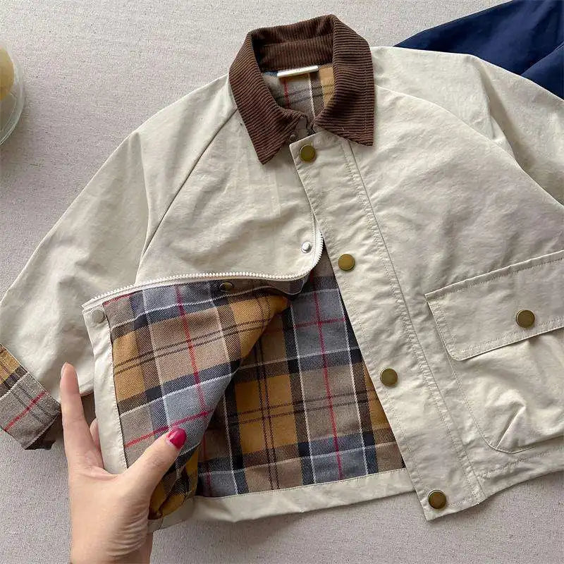 2025 Spring Autumn Kids Boys Jacket Plaid Spliced Pocket Long Sleeve Toddler Boys Outerwears Coat Children Boys Jacket