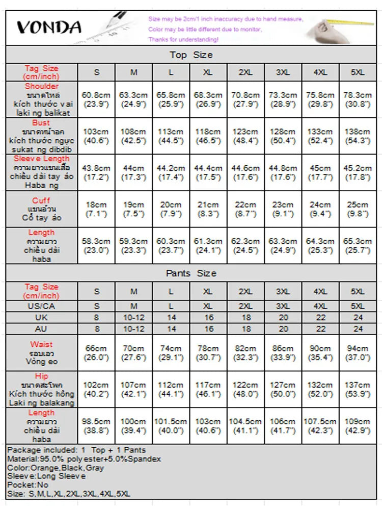 Plus Size 5XL VONDA Women Knitted Pant Sets 2025 Autumn Long Sleeve Sweater and Long Pants Suits Fashion Solid 2 Piece Outfits