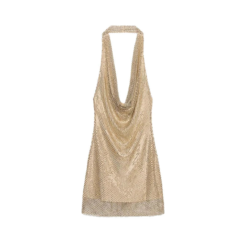 Elegant Backless Diamonds Party Dress Sleeveless Draped Neckline Knee-length Bodycon Dresses Women's Shinning Sexy Evening Robe