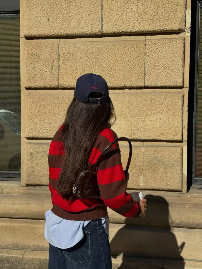 ETJ 2025 Autumn women's new line street style fashion yellow wide stripe polo neck loose version of long-sleeved sweater