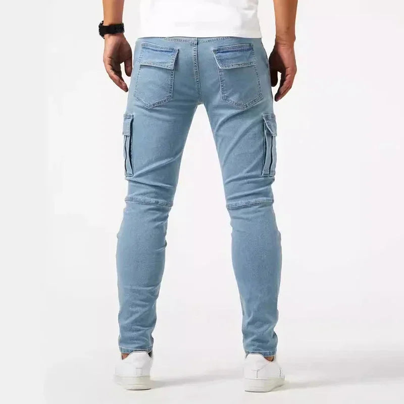 Men Casual Pencil Jeans Male Elastic Multi Pocket Small Slim High Street Denim Pants Wash Solid Color Mid Waist Cargo Jeans 2026