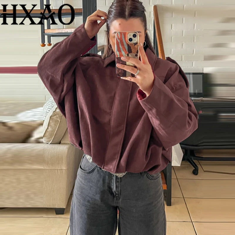 HXAO Women's Cropped Bomber Jackets Long Sleeve Red New In Coats And Jackets Demi-Season Suede Jacket Woman Zip Loose Outerwear