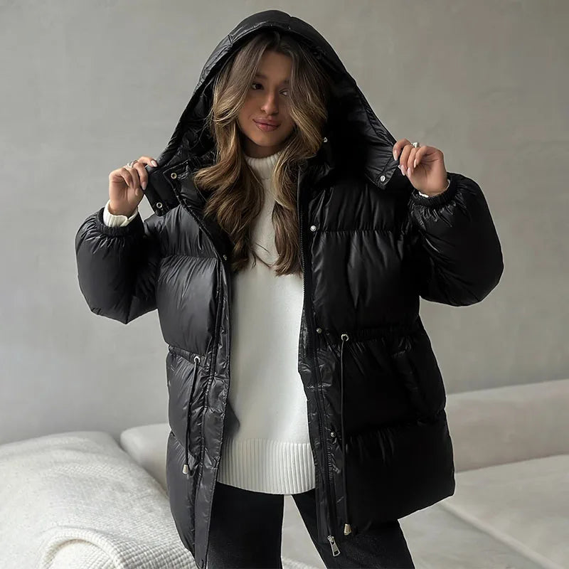 Winter Warm Hooded Cotton Jacket Women Fashion Standneck Zipper Long Sleeves Lace Up Coat 2025 Female Chic Casual Outerwear