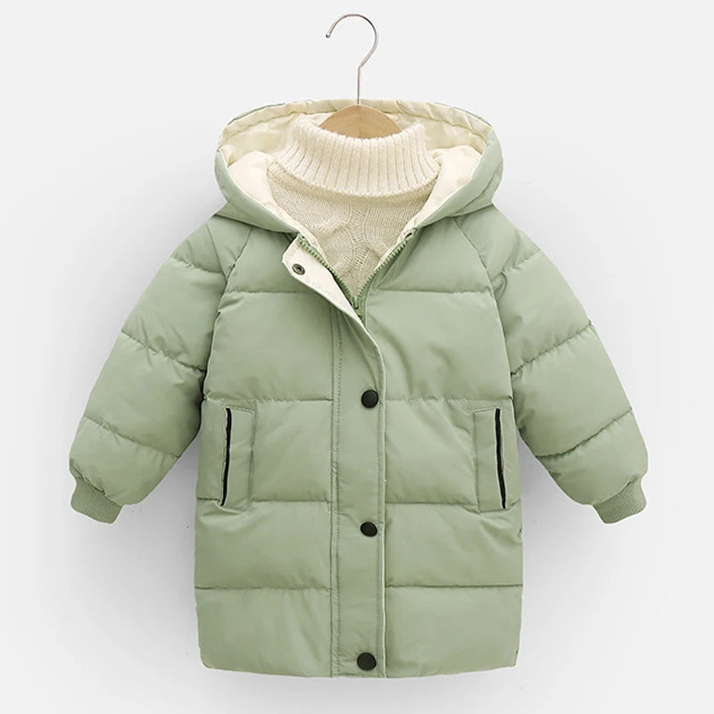2 3 4 5 6 8 10 Years Girls Jacket Winter Long Style Solid Color Thick Keep Warm Hooded Outerwear For Boys Down Cotton Snowsuit