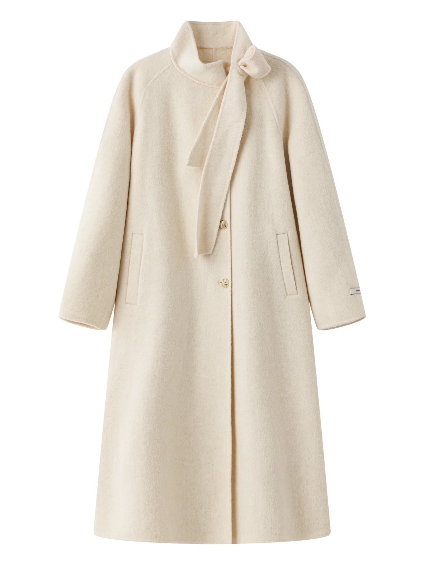 FSLE Winter 2025 Women Stand Collar Tie Detail Double Faced Wool Blend Coat - Long Length Elegant Outerwear for Casual Winter