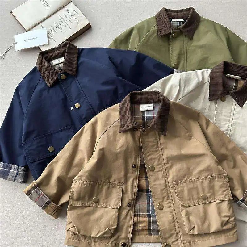 2025 Spring Autumn Kids Boys Jacket Plaid Spliced Pocket Long Sleeve Toddler Boys Outerwears Coat Children Boys Jacket