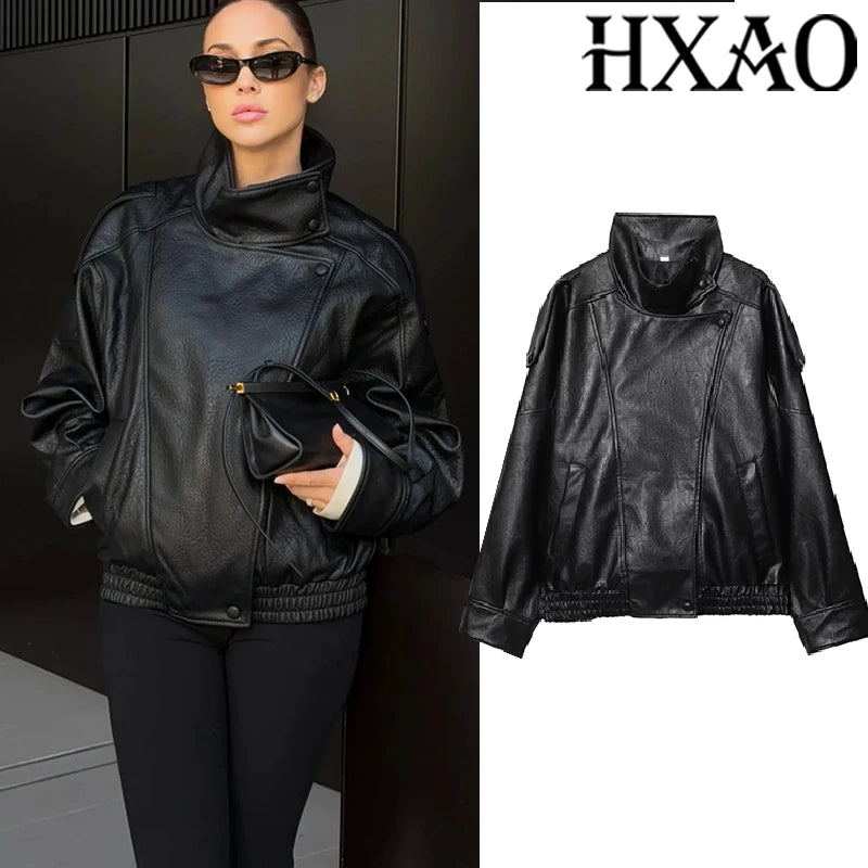 HXAO Black Jacket For Woman Outerwears Faux Leather Jacket Long Sleeve New In Coats And Jackets Zipper Bomber Motorcycle Jacket