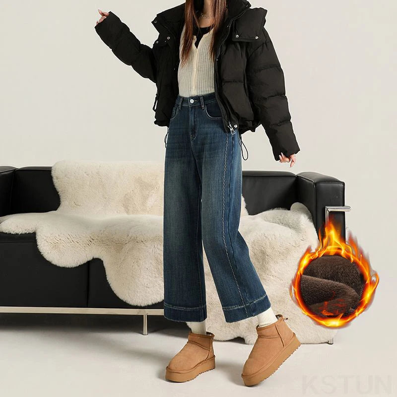 KSTUN Winter Women's Fleece Jeans Embroidered Ankle-length Pants Stretch Straight Cut Thick Trousers Lady Wide Leg Warm Vintage