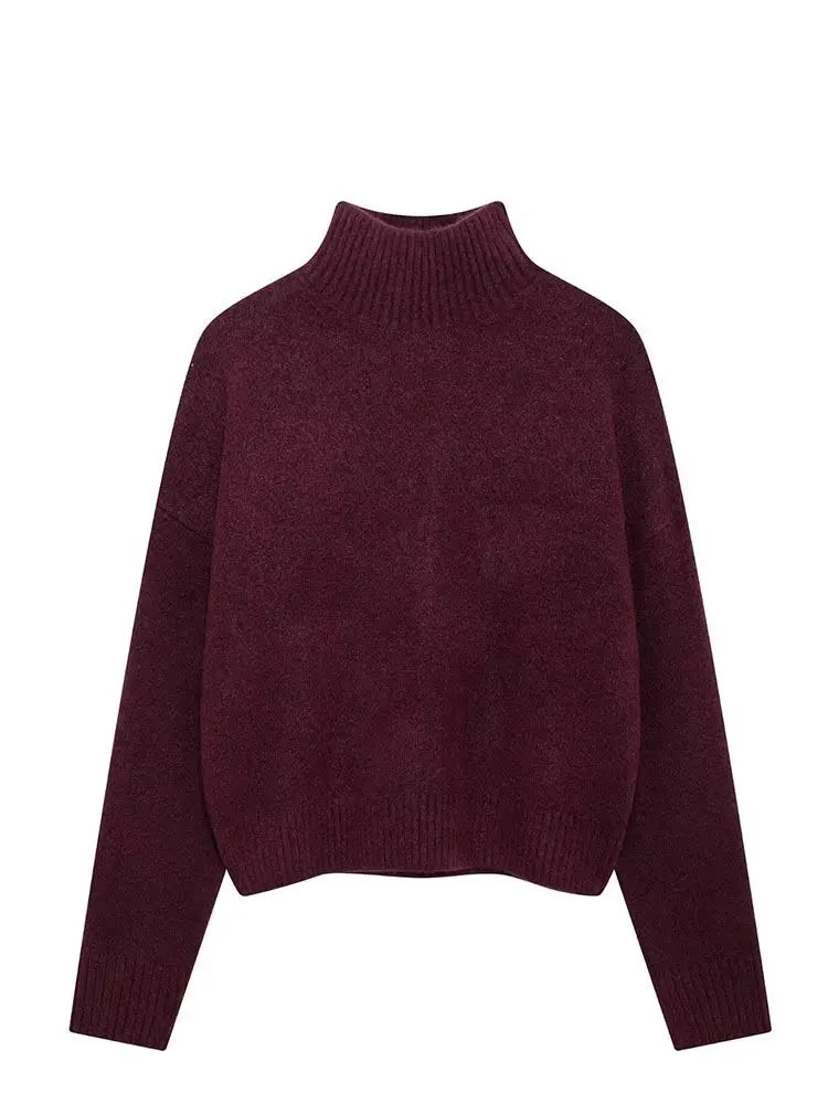 HH Women Vintage Burgundy Turtleneck Sweater Casual Long Sleeve Knitted Pullover Autumn Winter Women Solid Warm Knitwear