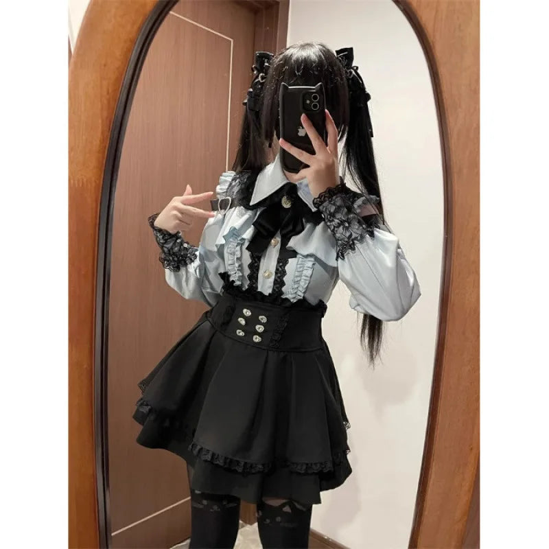 Yami Kawaii Two-Piece Set - Lace Blouse & Mini Skirt Coord, Sexy Gothic Lolita Crop Top with Detachable Sleeves for Petite Girls