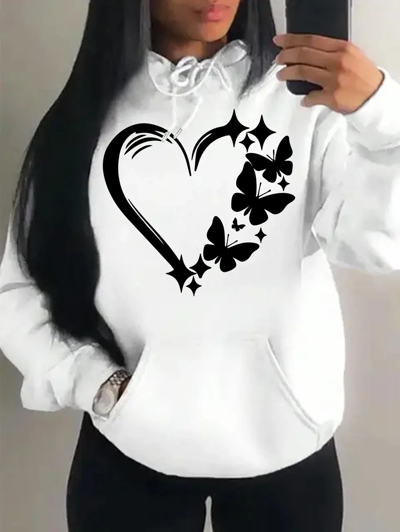 Women's Love and Butterfly Pattern Hoodie Hip Hop Street Fashion Pocket Clothes Retro Multi Color Hoodie