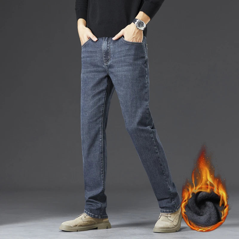 Tall Men Denim Pants Fleece Thick Warm Winter Stretch Jean Male Extra Long Length Leg Trouser 115cm 190cm Black Skinny Thin Slim
