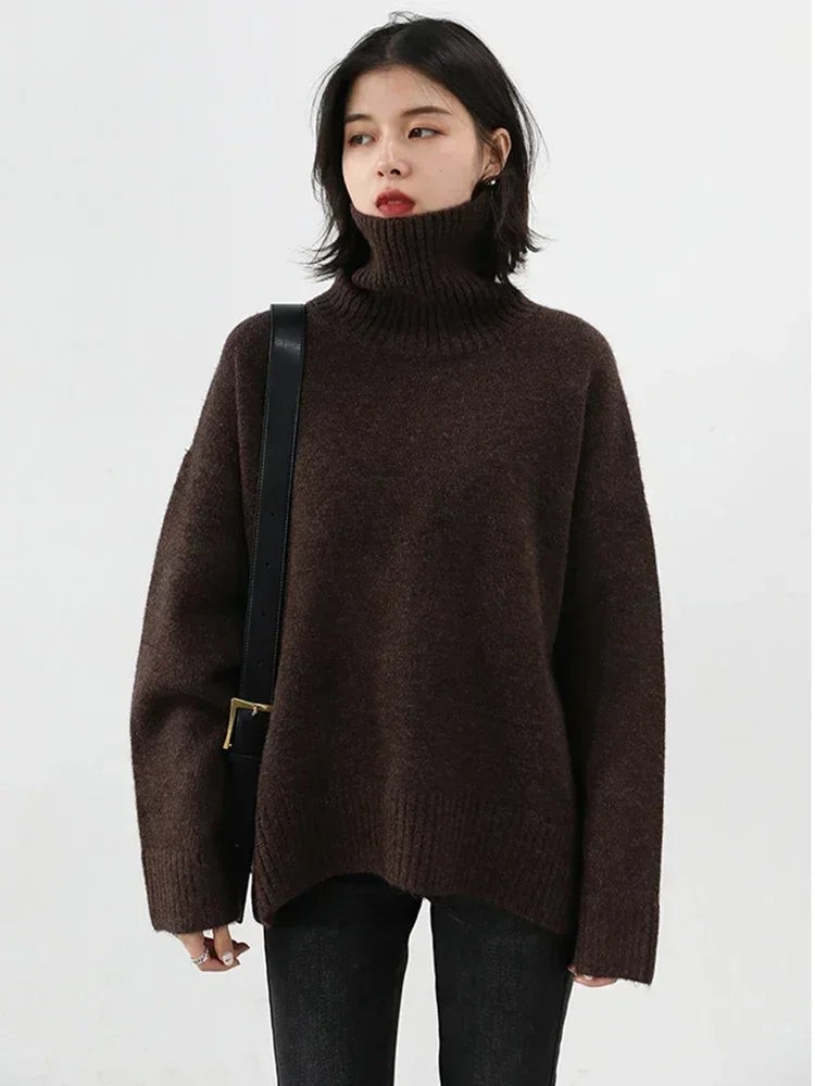 CHIC VEN Fashion Women's Loose Turtleneck Sweaters Warm Solid Pullover Knitwear Basic Female Jumpers Autumn Winter 2025