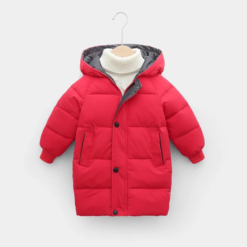 2 3 4 5 6 8 10 Years Girls Jacket Winter Long Style Solid Color Thick Keep Warm Hooded Outerwear For Boys Down Cotton Snowsuit