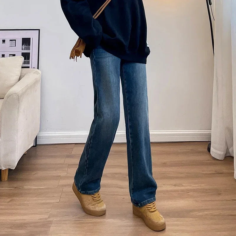 Winter Thickened Women's Mink Velvet Jeans Loose Straight Warm Soft Fleece Fashion Elastic High Waist Female Pants Black Blue