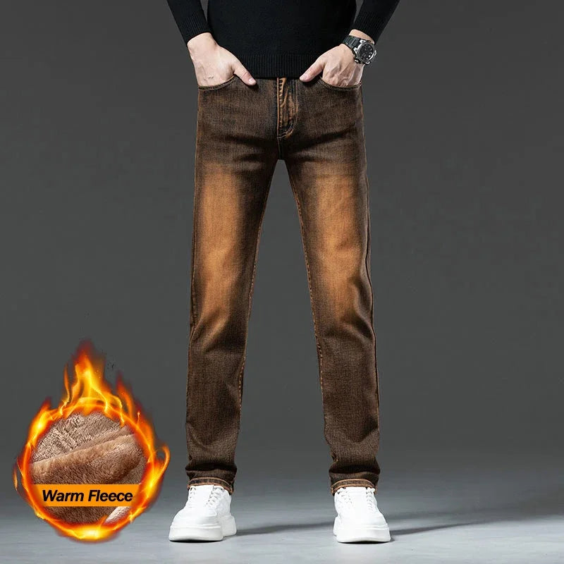 High Quality Brown Winter Jeans Men's Thickened Velvet Warm Elastic Straight Denim Pants Fashion Vintage Korean Plush Trousers
