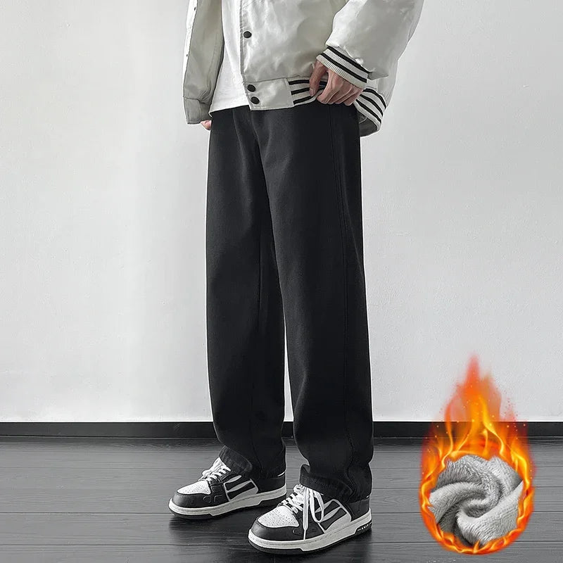 4 Colors Winter Fleece Men's Jeans Baggy Straight Elastic Waist Denim Pants Fashion Korean Thickened Warm Male Thermal Trousers