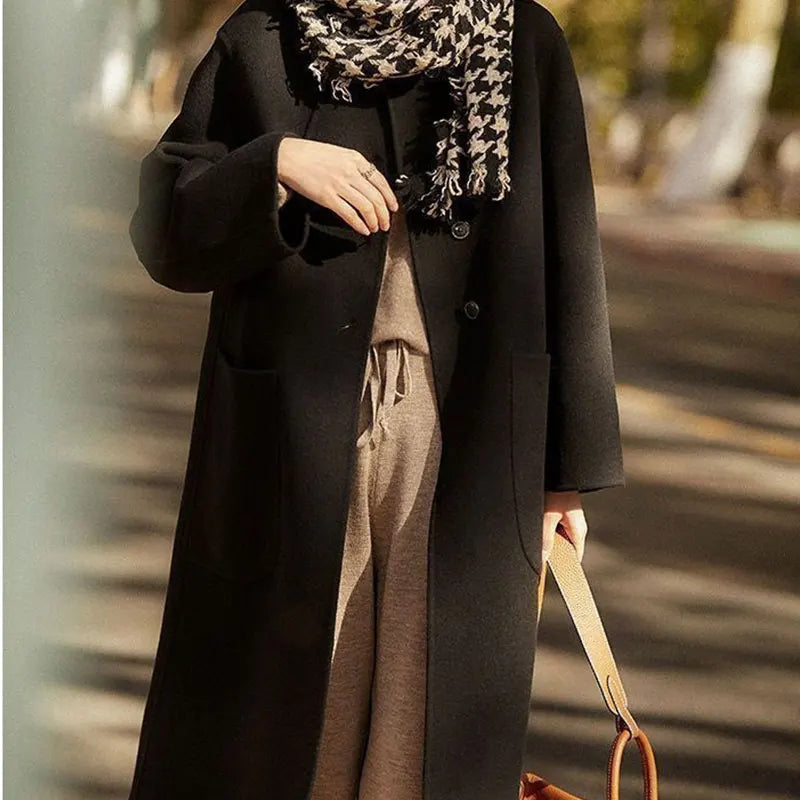 Solid Button Pockets POLO Collar Long Sleeve Outerwear Elegant Fashion Harajuku Female Clothes Loose Casual All Match Overcoat