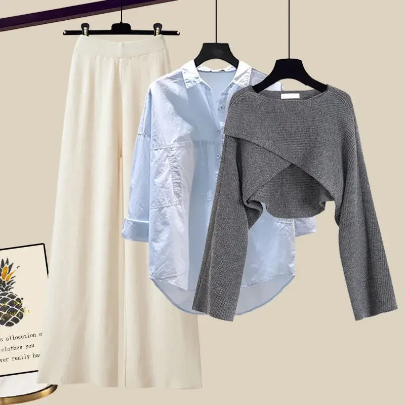 Autumn Knitted Sweater Wide Leg Pants Three Piece Set Plus Size Women's Fashion Slimming Shirt Dress Combo Female Wardrobe
