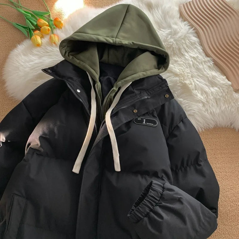 Winter New Fashion Splicing Hooded Fake Two-piece Design Sense Bread Clothes Women Y2K New Korean Version Thick Warm Coats