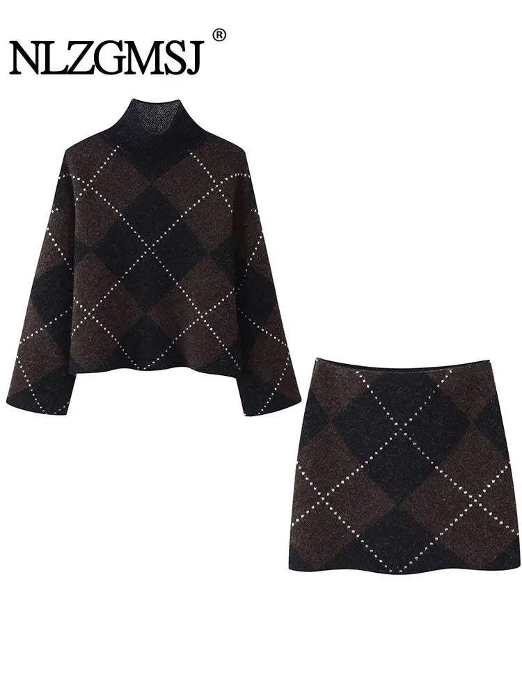 NLZGMSJ Women Knitted Sets 2025 Autumn Winter Wrist Sleeve Slim Plaid Sweater Cardigan Jacket Crop Top Mini Skirt Suits