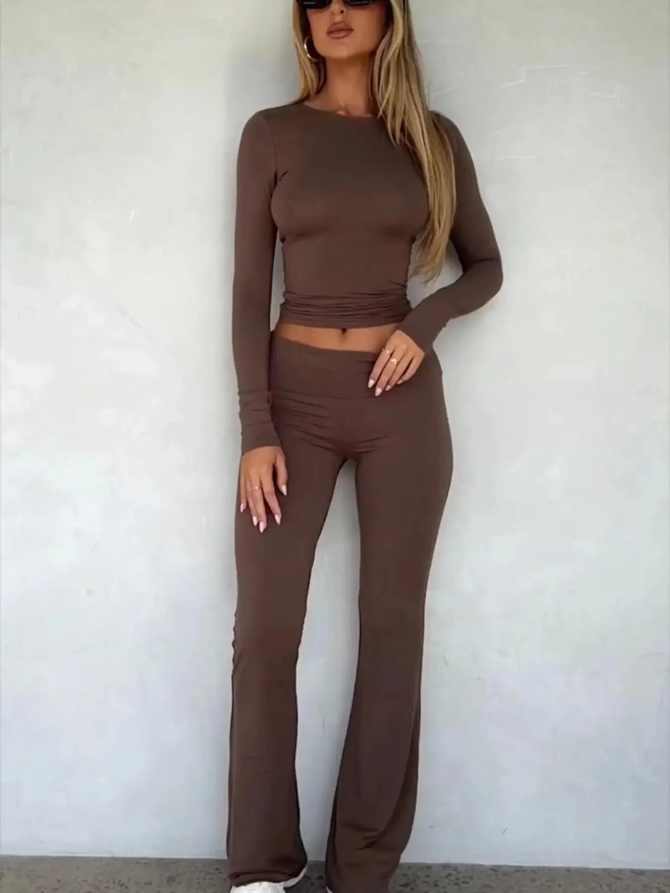 High-End Women's Long Sleeve Top And Flared Pants Set Fashionable And Stylish Polyester Fiber from Mainland China