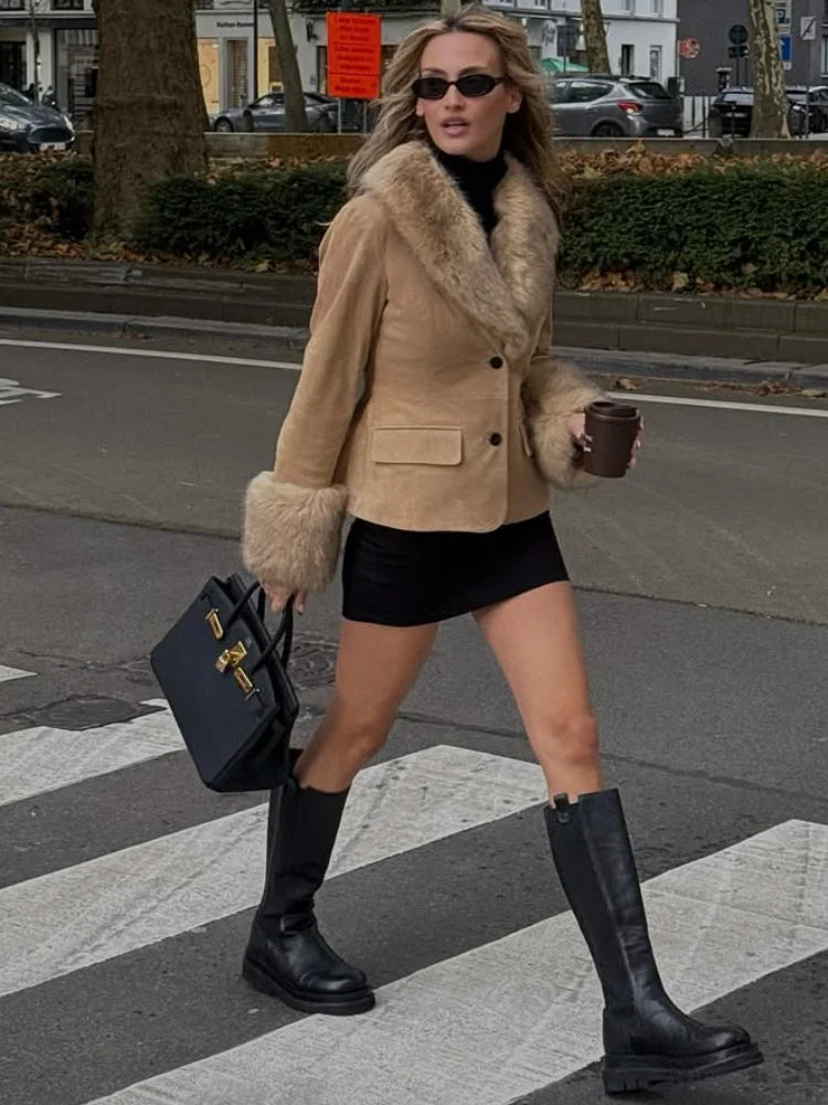 Fashion Faux Fur Suede Patchwork Sleeve Lapel Jacket For Women 2026 Elegant Single Breasted Coat High Street Lady Chic Outerwear