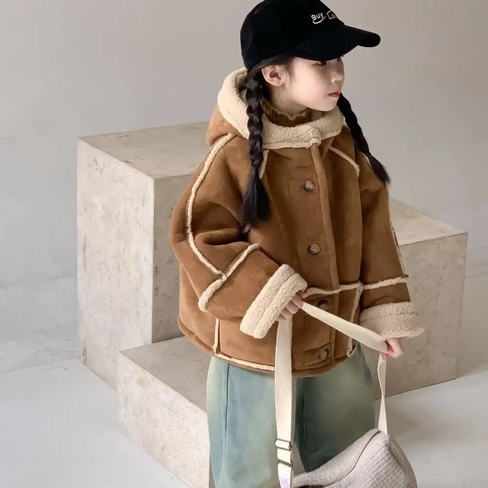 2025 Girls Sherpa-Lined Jacket Winter Fleece-Lined Korean Fashion Casual Hooded Coat with Faux Fur Trim Kids Outerwear