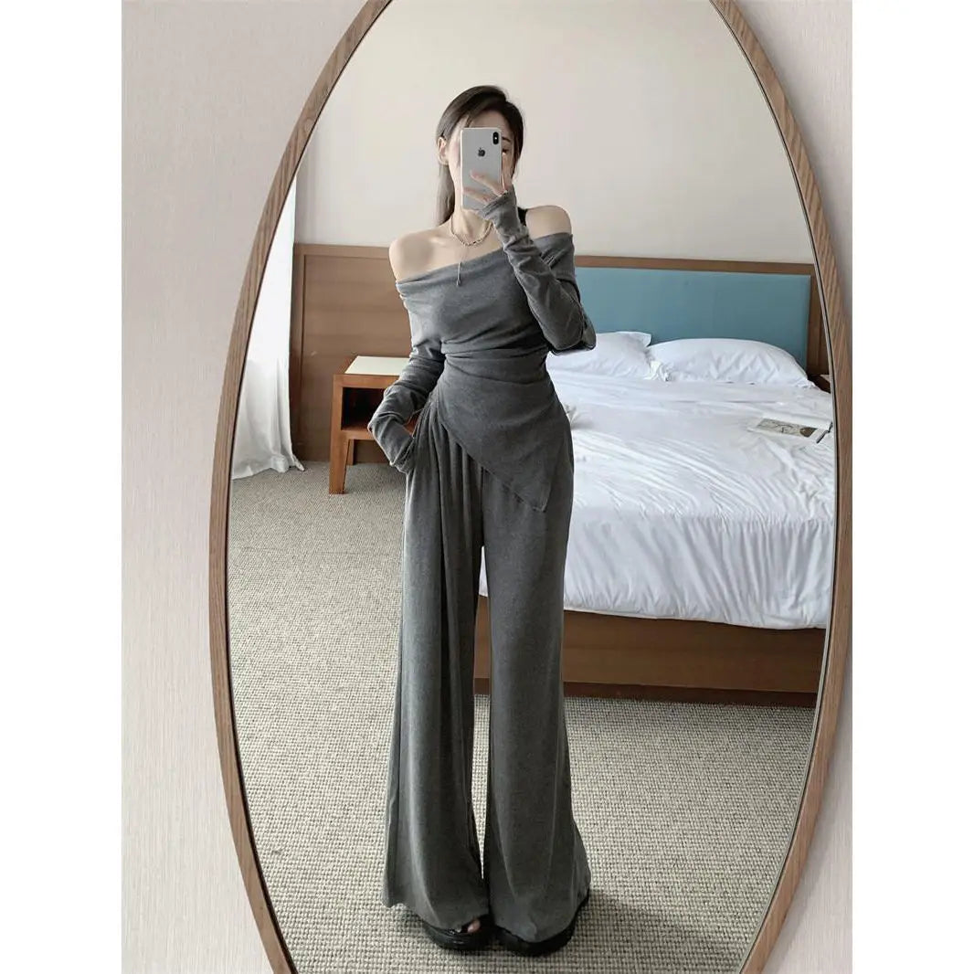 Elegant Two-Piece Set Women's Shoulder Bared Long Sleeve Top Wide Leg Pants Autumn Winter Fashion High Quality Polyester