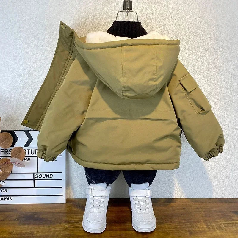 2025 Winter Boys Jacket Children Clothing Keep Warm Cotton Thicken Coats Kids Zipper Hooded Outerwear Plus Velvet Jackets