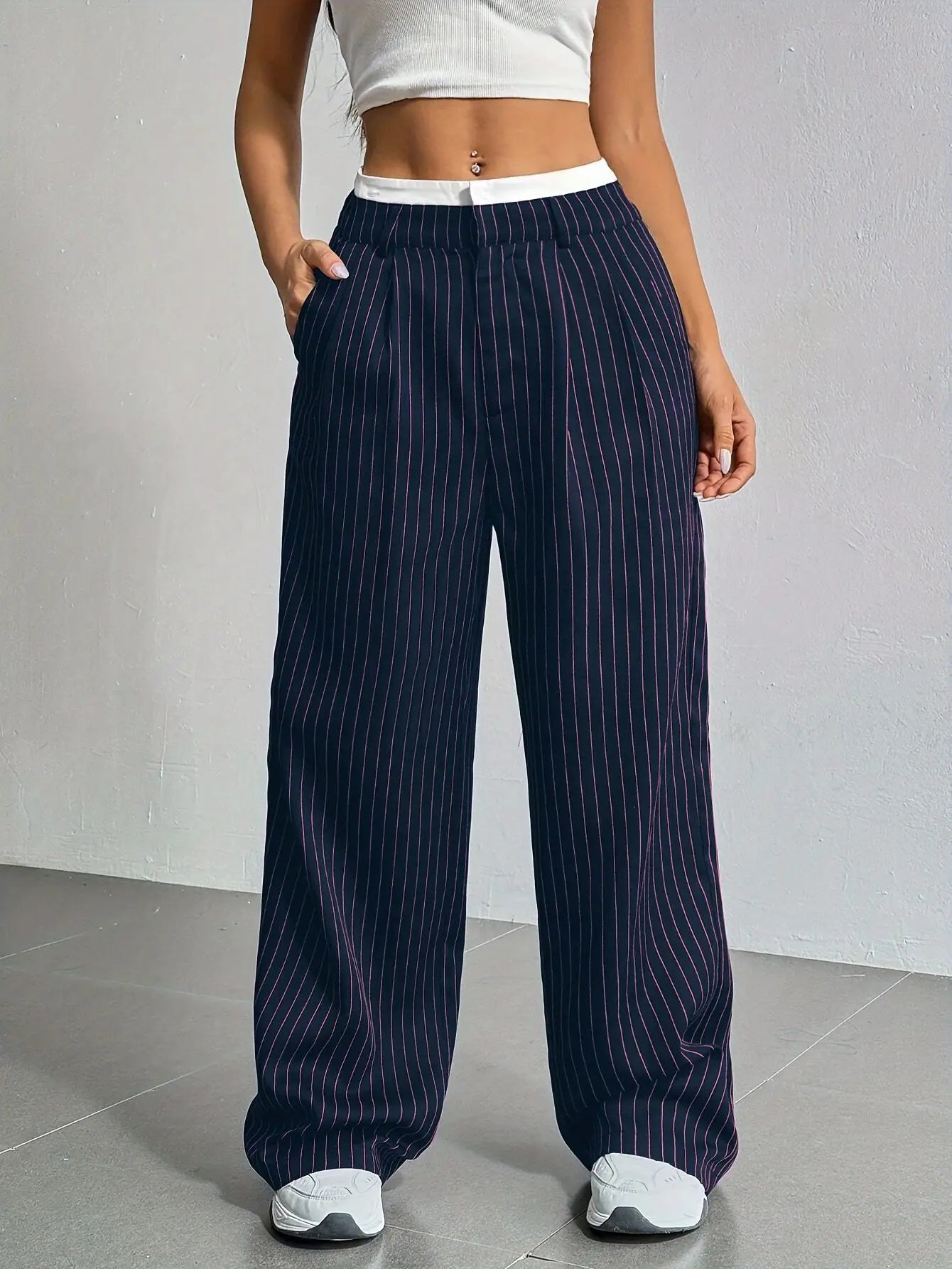 Women's Straight Leg Pinstripe Trousers High Waist Office Business Pants Casual Striped Dressy With Pockets