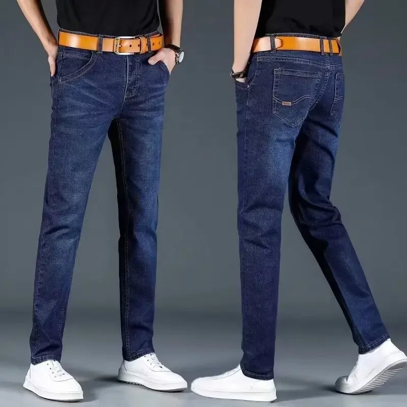 Men's Fleece Lined Loose Straight Leg Jeans Winter Business Casual Trousers for Construction Work Cross-Border Style