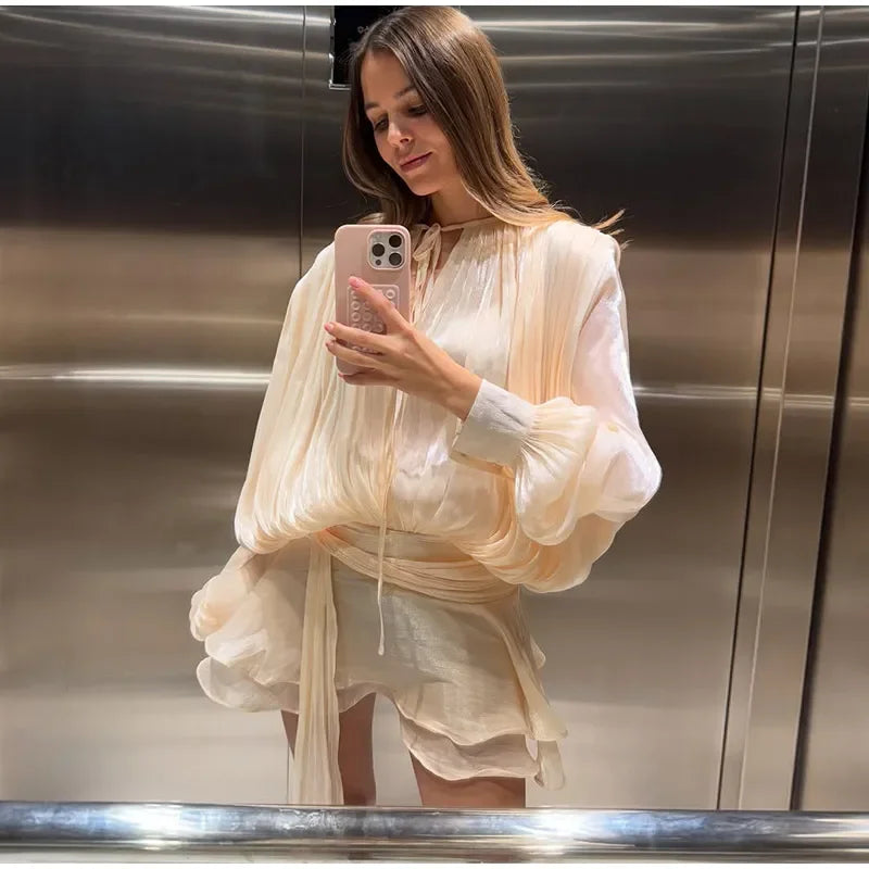 Elegant Ruched Mini Dress For Women Round Neck Lantern Long Sleeve High Waist Temperament Dresses Female Fashion 2025 CLOTHING