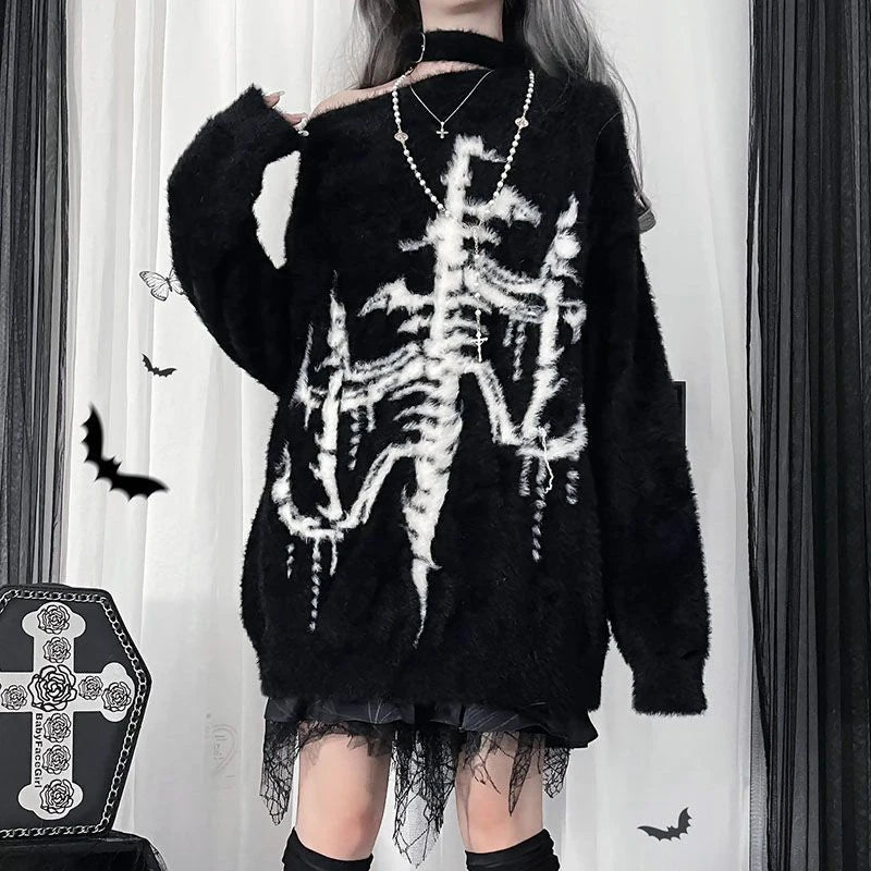 Dark Punk Sweater Women Harajuku Y2K Long Sleeve Knit Pullover Black Gothic Street Loose Top American Vintage Lazy Knitwear