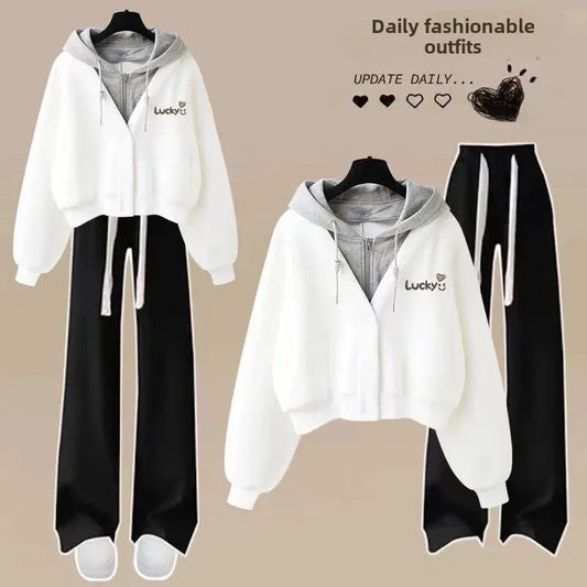 Spring Autumn Loose-Fit Two-Piece Illusion Hooded Sweatshirt Straight-Leg Bell Bottoms Casual Suit Set Chinese Style