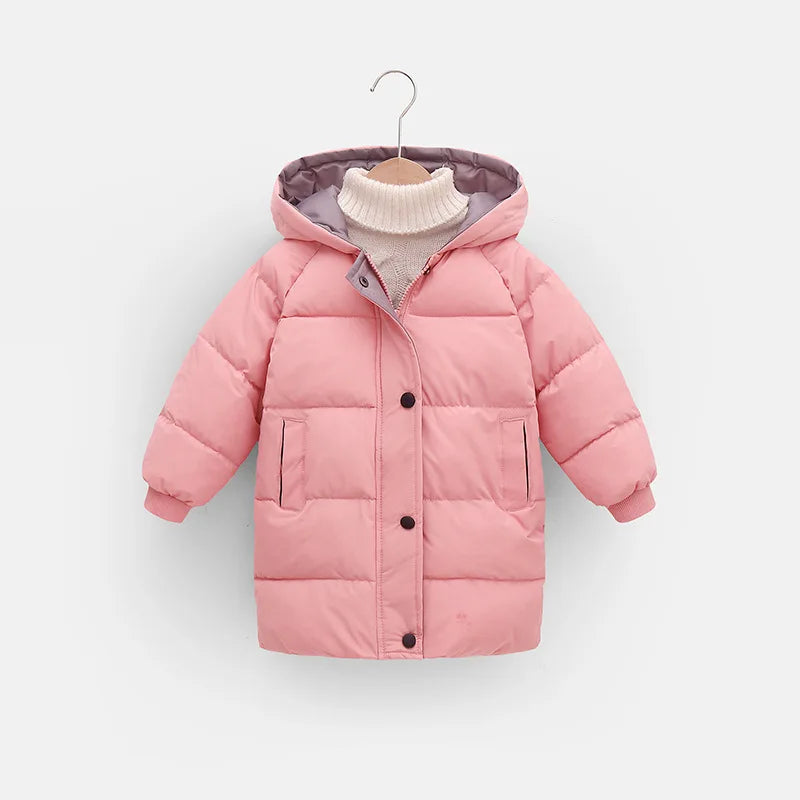 2 3 4 5 6 8 10 Years Girls Jacket Winter Long Style Solid Color Thick Keep Warm Hooded Outerwear For Boys Down Cotton Snowsuit
