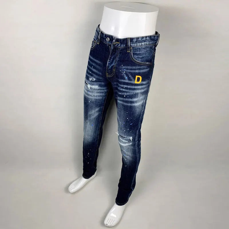 Street Fashion Men Jeans High Quality Retro Blue Elastic Slim Fit Ripped Jeans Men Embroidery Designer Denim Brand Pants Hombre