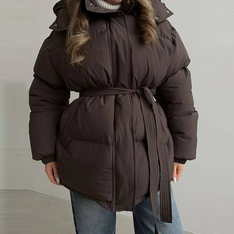 Winter Warm Hooded Cotton Jacket Women Fashion Standneck Zipper Long Sleeves Lace Up Coat 2025 Female Chic Casual Outerwear