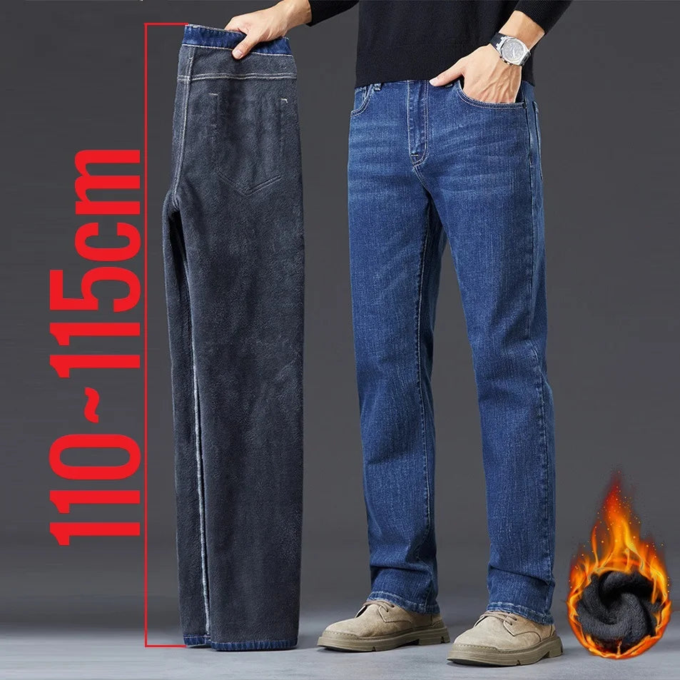 Tall Men Denim Pants Fleece Thick Warm Winter Stretch Jean Male Extra Long Length Leg Trouser 115cm 190cm Black Skinny Thin Slim