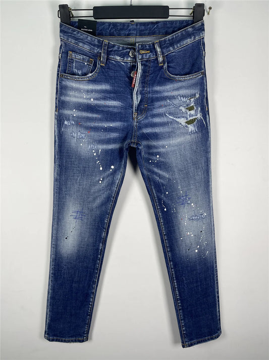 2025 Spring/Summer New D2 Jeans for Men, Washed, Scratched, Patched, Painted, Three Dimensional Cutting, Small Feet, Blue