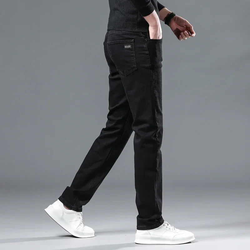 Fleece Jeans Winter Men Black Straight Stretch Denim Thick Velvet Pants Warm Jeans Casual Fleece Line Trousers Male Plus Size