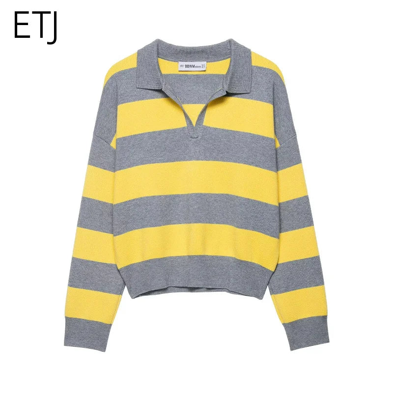 ETJ 2025 Autumn women's new line street style fashion yellow wide stripe polo neck loose version of long-sleeved sweater