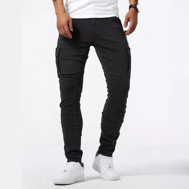 Men Casual Pencil Jeans Male Elastic Multi Pocket Small Slim High Street Denim Pants Wash Solid Color Mid Waist Cargo Jeans