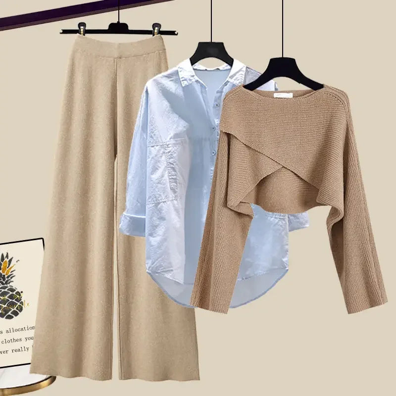 Autumn Knitted Sweater Wide Leg Pants Three Piece Set Plus Size Women's Fashion Slimming Shirt Dress Combo Female Wardrobe