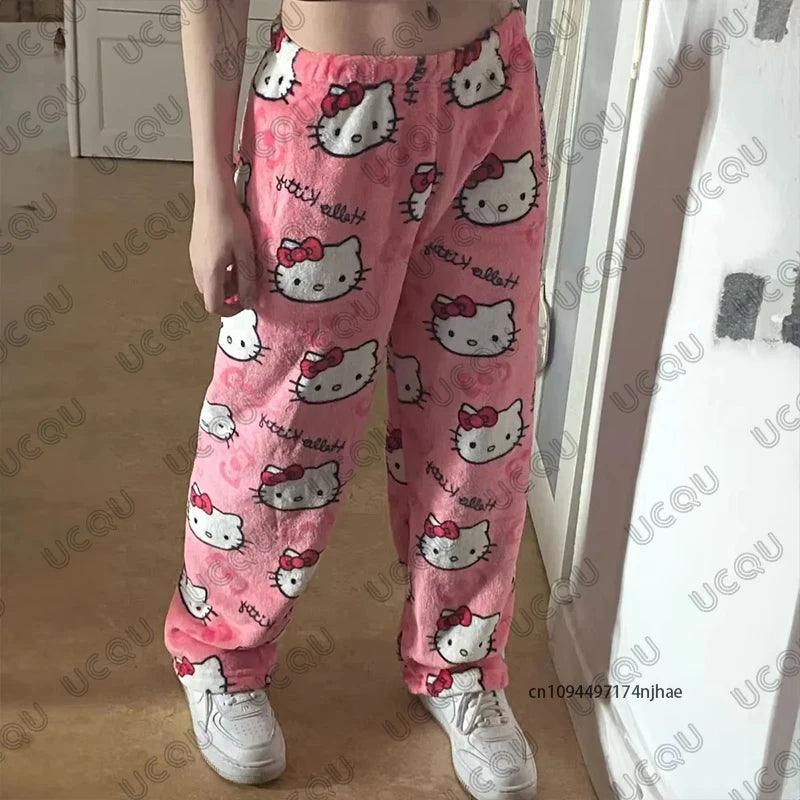 2026 Cartoon Anime Y2K Hello Kitty Pajamas Pants For Women Autumn Winter Christmas Couple Flannel Trousers Casual Home Clothes