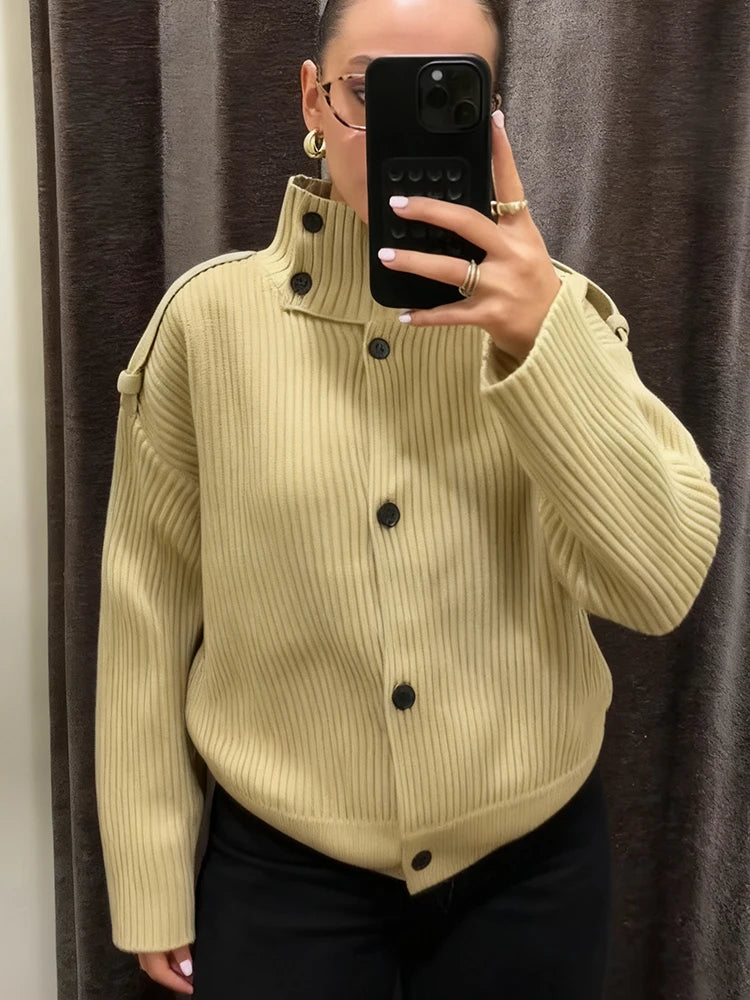 Elegant Stand Collar Knitted Sweater For Women Y2K Chic Long Sleeve Single Breasted Cardigan Lady Street Evening Party Knitwear