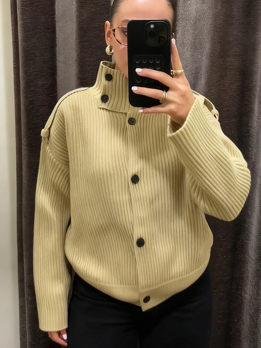 Elegant Stand Collar Knitted Sweater For Women Y2K Chic Long Sleeve Single Breasted Cardigan Lady Street Evening Party Knitwear