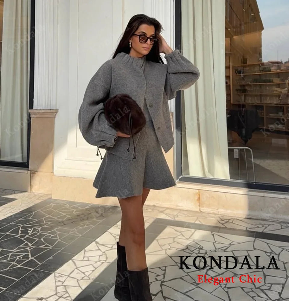 KONDALA Ladies Fall Knitted Skirt Set Pleated O-Neck Buttons Jacket, Mini Skirt 2025 Autumn Fashion Elegant Female Skirt Suit