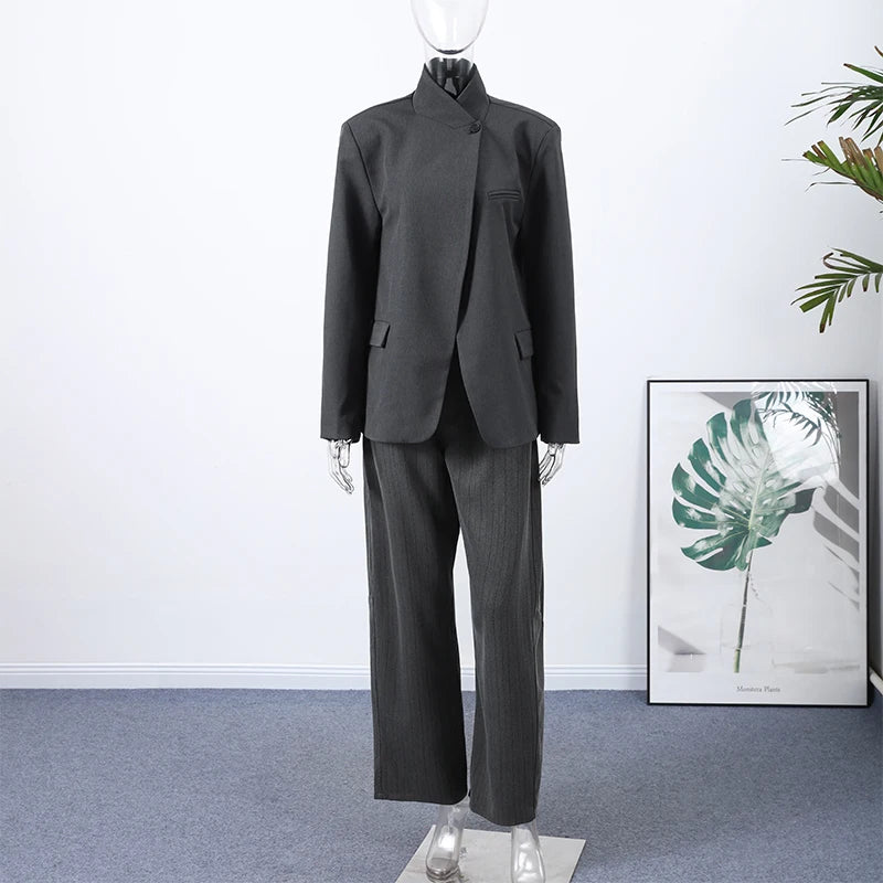 Classic Suit Jacket Long Pant Set Women Vintage Waist-cinching Jackets Straight Pants Sets Female Autumn Chic Street Outfits