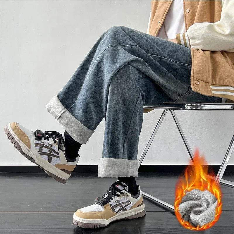 4 Colors Winter Fleece Men's Jeans Baggy Straight Elastic Waist Denim Pants Fashion Korean Thickened Warm Male Thermal Trousers